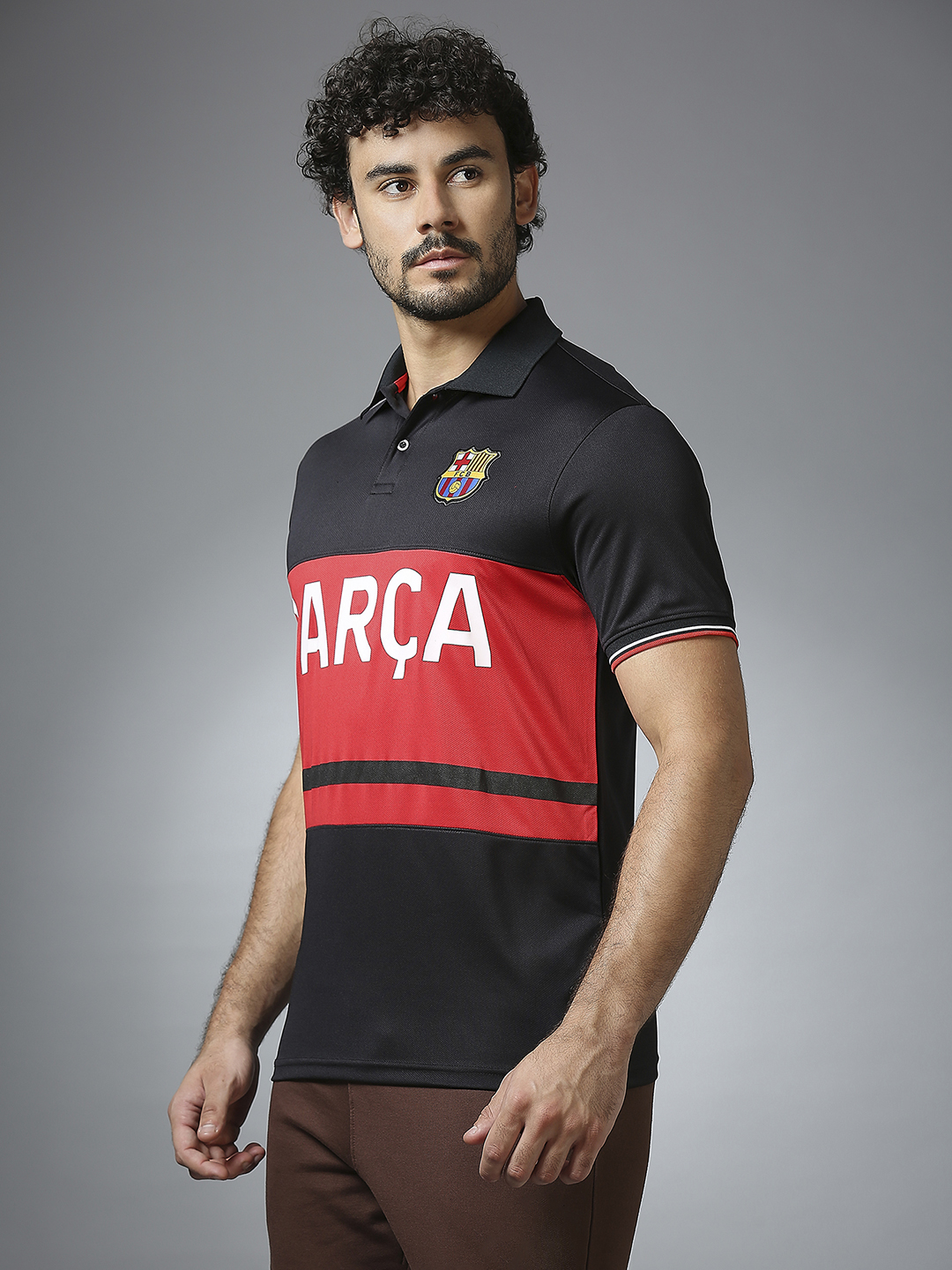 FC Barcelona Men Black Half Sleeves Polo Collar Cut & Sew T-Shirt (3)