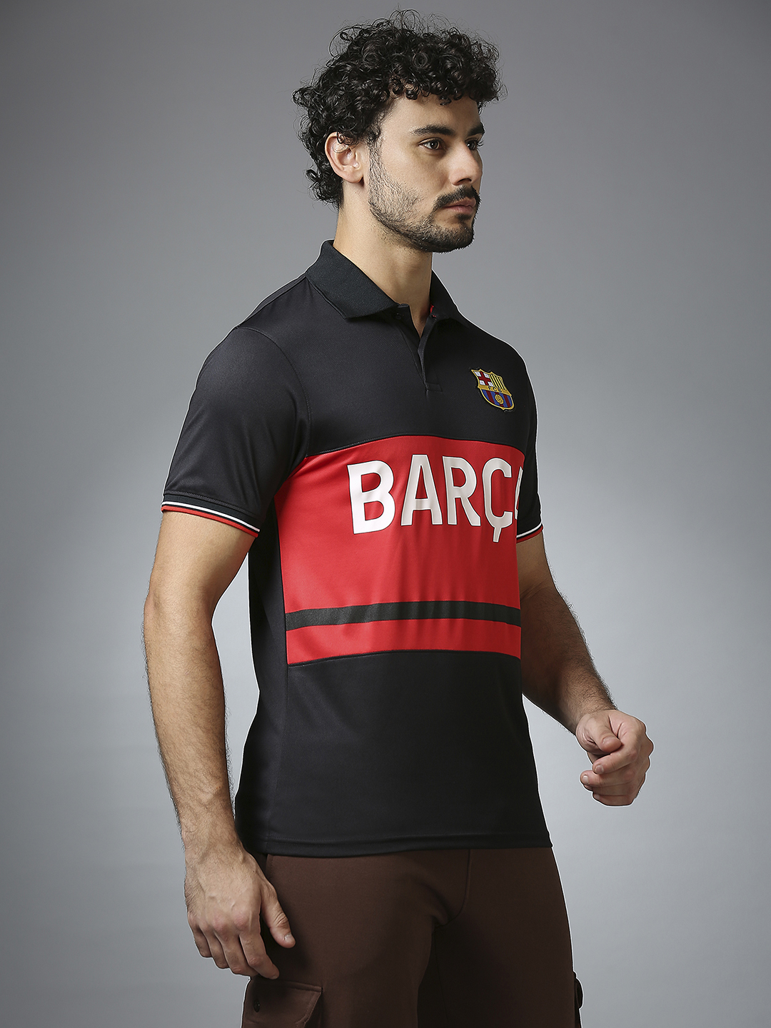 FC Barcelona Men Black Half Sleeves Polo Collar Cut & Sew T-Shirt (4)