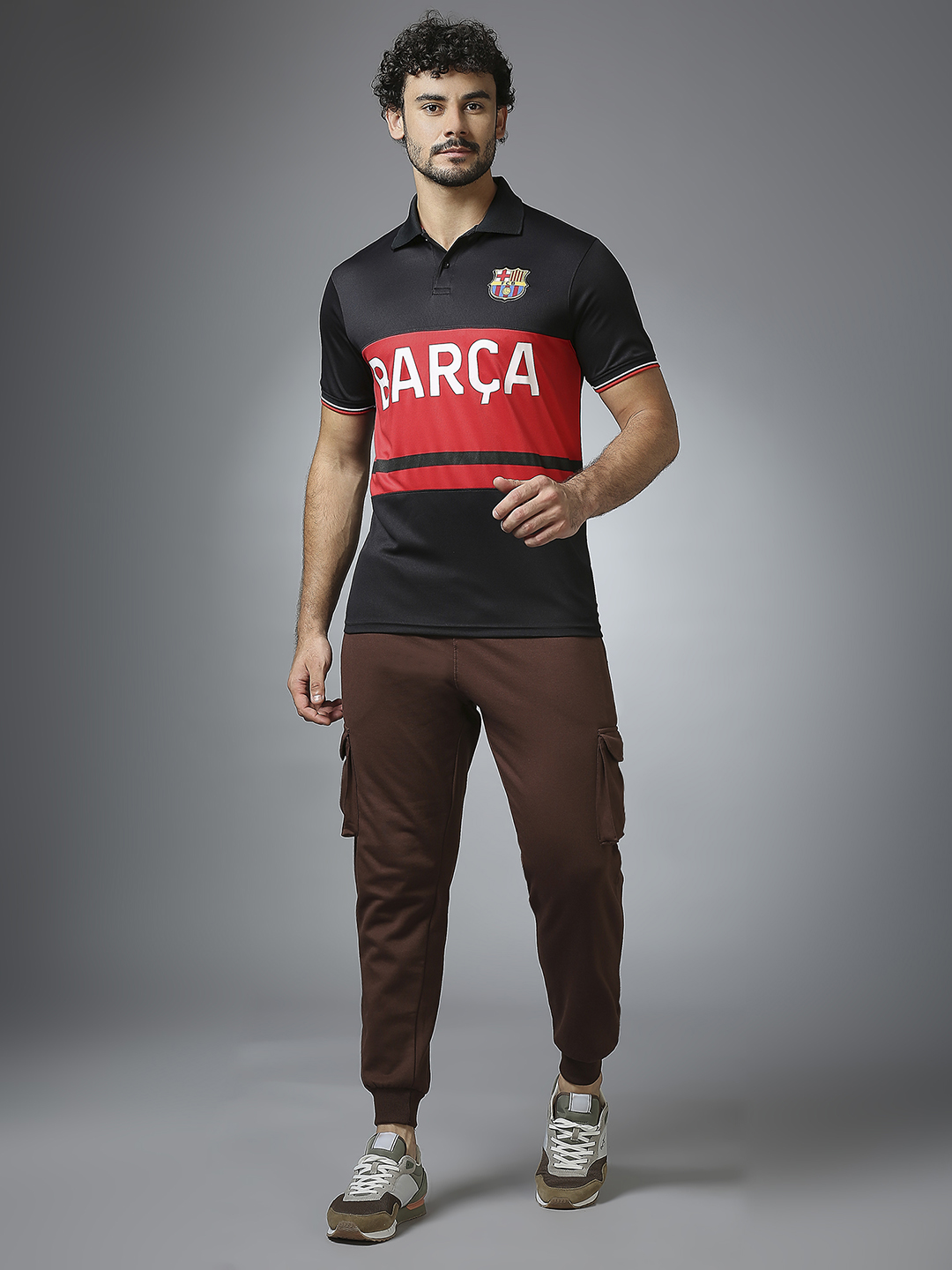 FC Barcelona Men Black Half Sleeves Polo Collar Cut & Sew T-Shirt (6)
