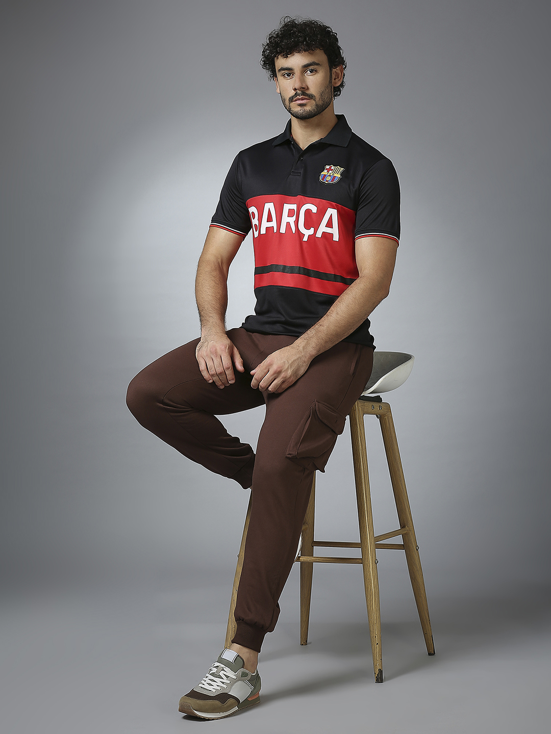 FC Barcelona Men Black Half Sleeves Polo Collar Cut & Sew T-Shirt (7)
