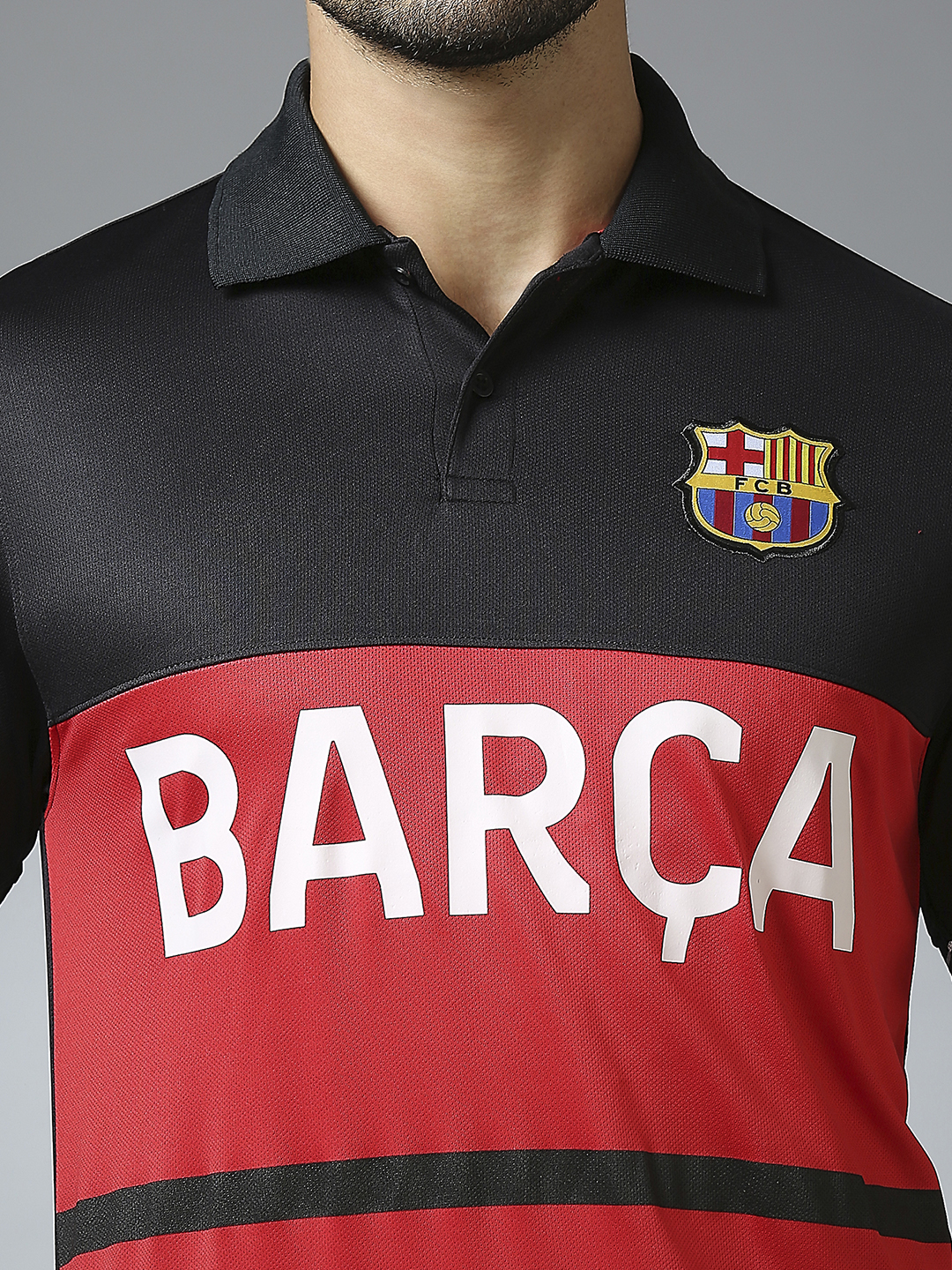 FC Barcelona Men Black Half Sleeves Polo Collar Cut & Sew T-Shirt (8)