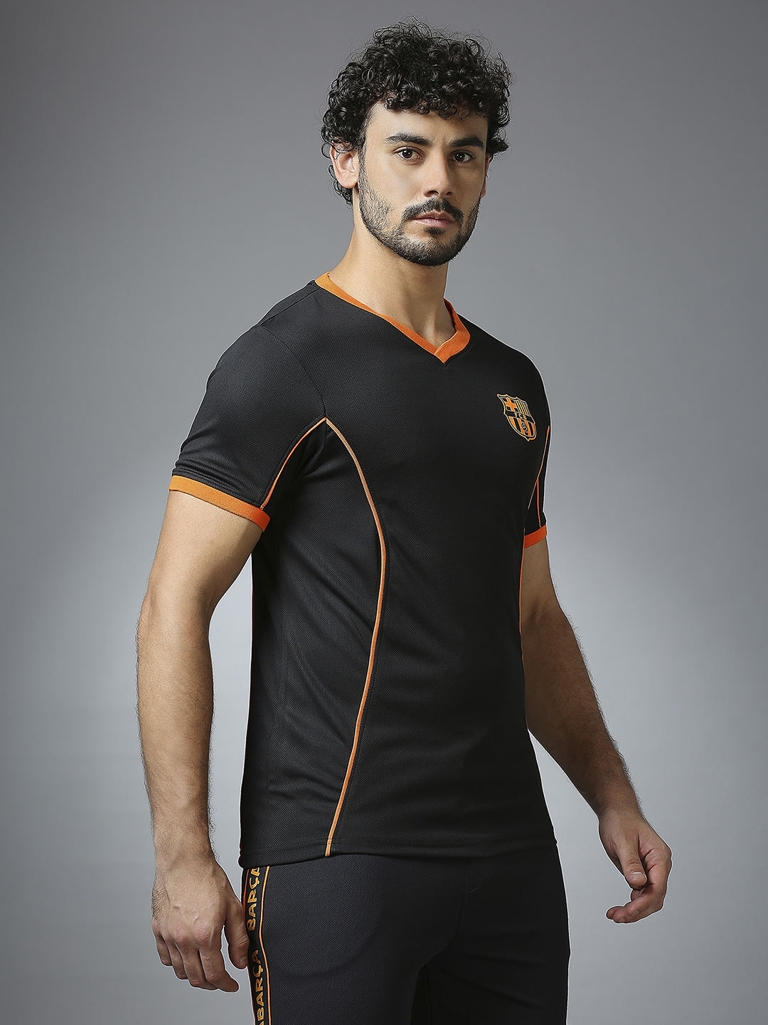 FC Barcelona Men Black Half Sleeves V-Neck Sports Core T-Shirts (3)