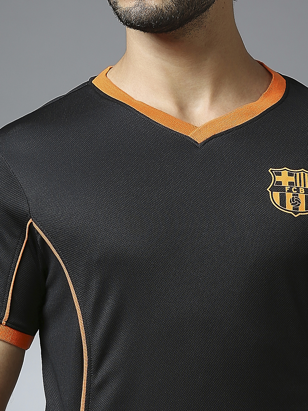 FC Barcelona Men Black Half Sleeves V-Neck Sports Core T-Shirts (5)