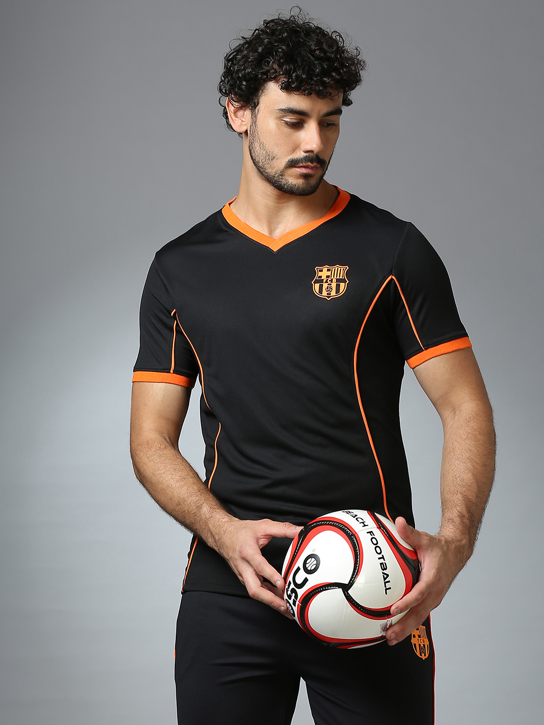 FC Barcelona Men Black Half Sleeves V-Neck Sports Core T-Shirts (7)