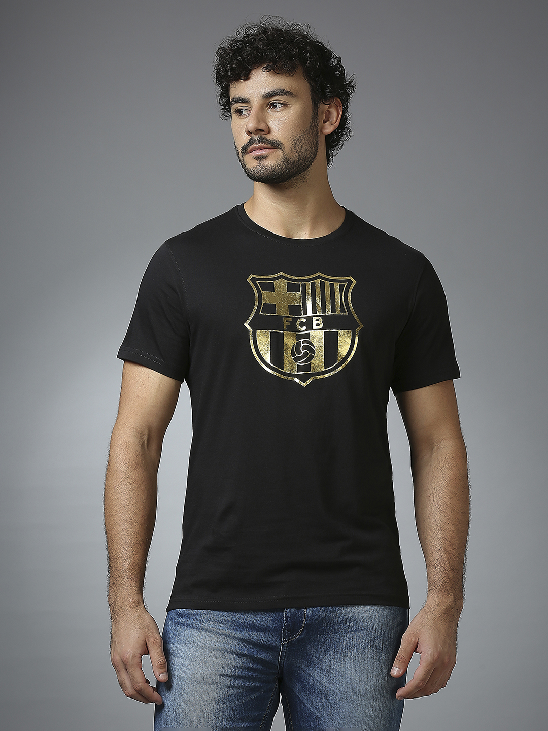 FC Barcelona Men Black Printed Gold Foil Printed T-Shirt (1)
