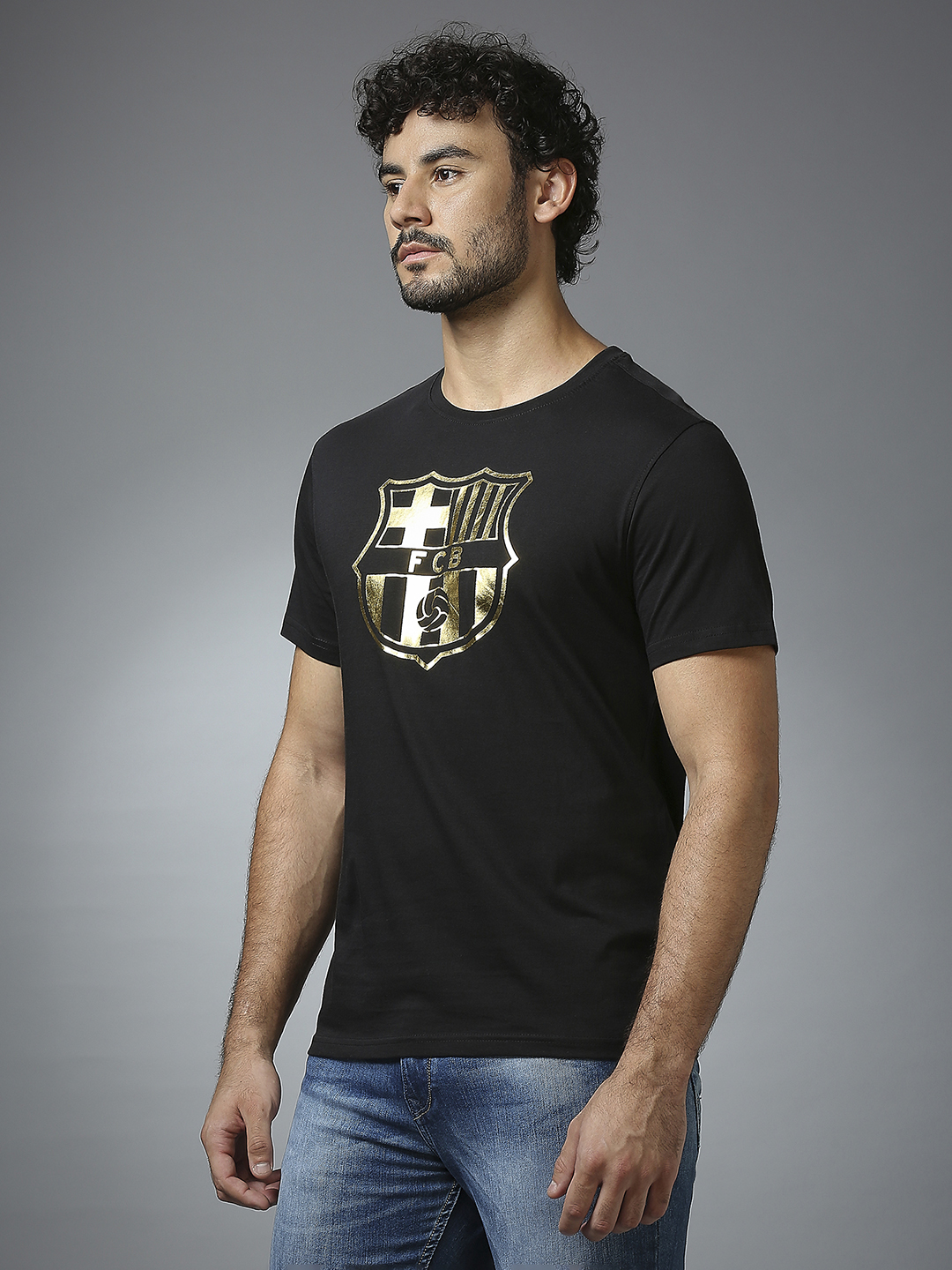 FC Barcelona Men Black Printed Gold Foil Printed T-Shirt (2)