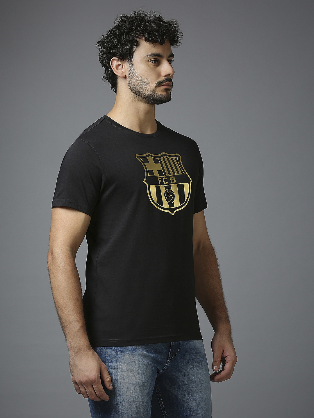 FC Barcelona Men Black Printed Gold Foil Printed T-Shirt (3)