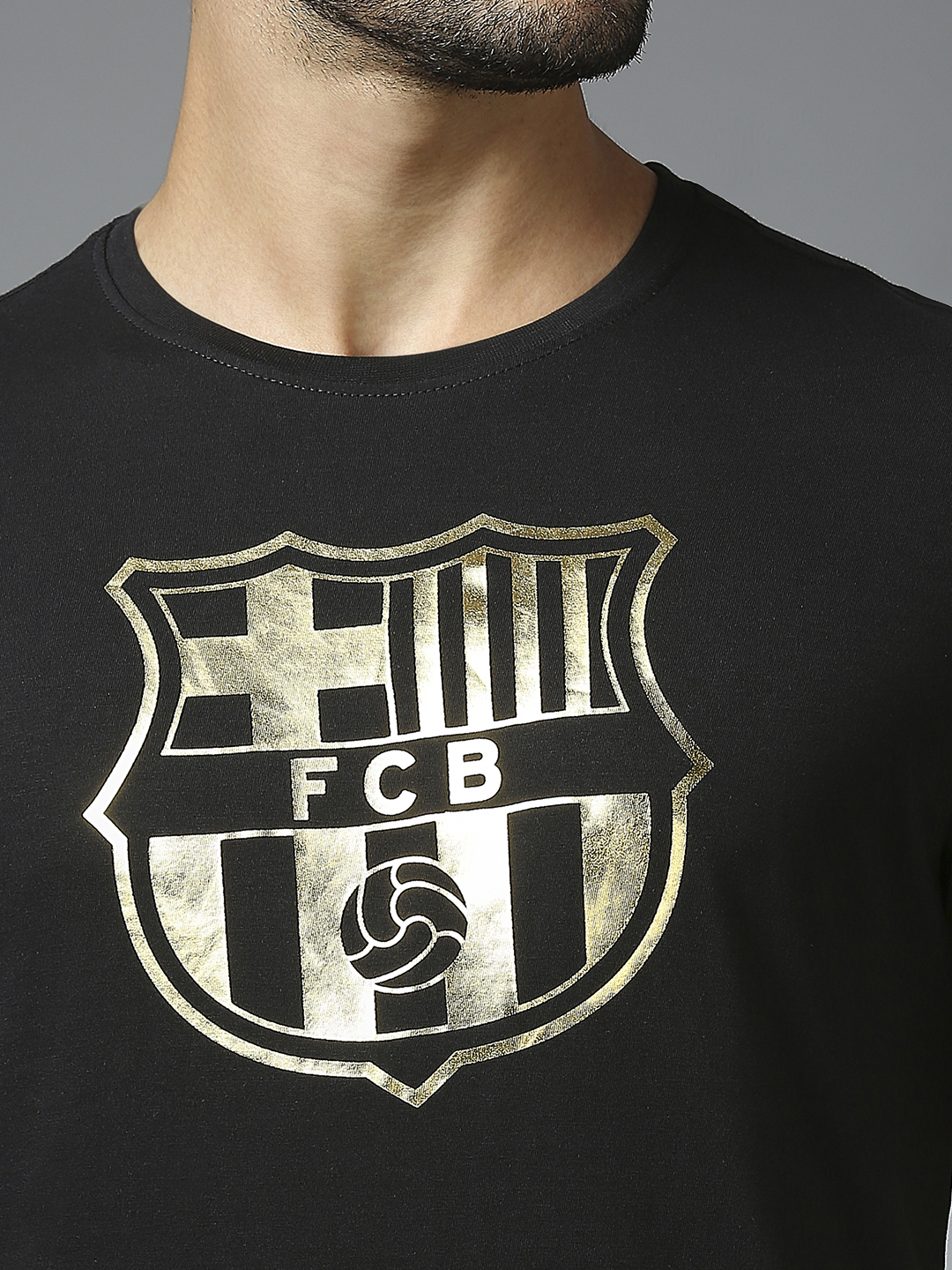 FC Barcelona Men Black Printed Gold Foil Printed T-Shirt (5)