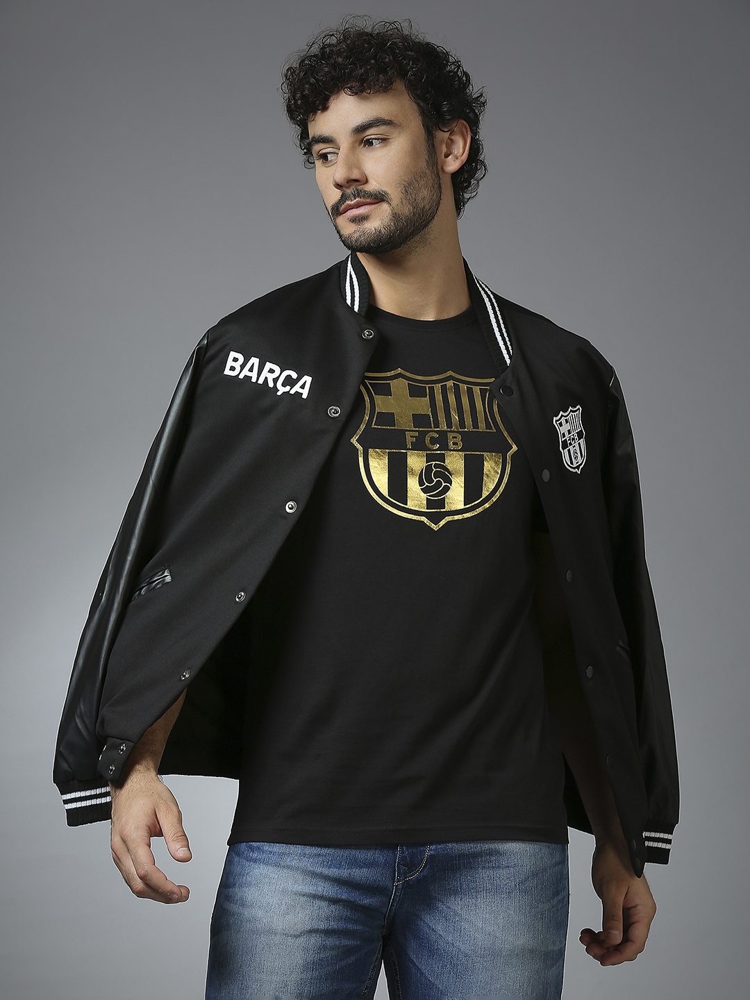 FC Barcelona Men Black Printed Gold Foil Printed T-Shirt (8)