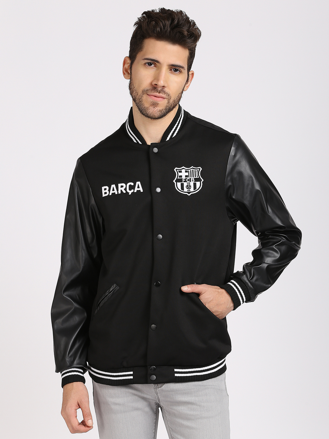 Men Black Printed Stand-Collar Varsity Jacket