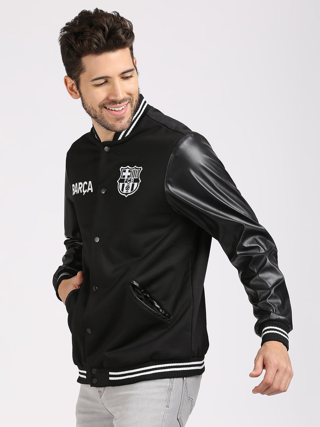 FC Barcelona Men Black Printed Stand-Collar Varsity Jacket (2)