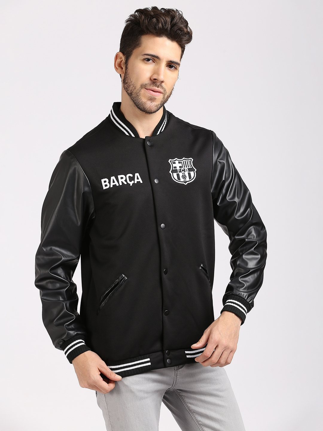 FC Barcelona Men Black Printed Stand-Collar Varsity Jacket (3)