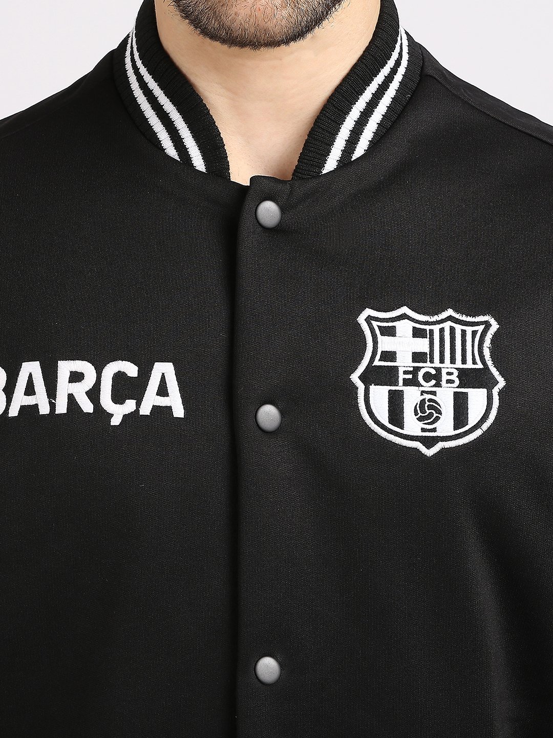 FC Barcelona Men Black Printed Stand-Collar Varsity Jacket (5)