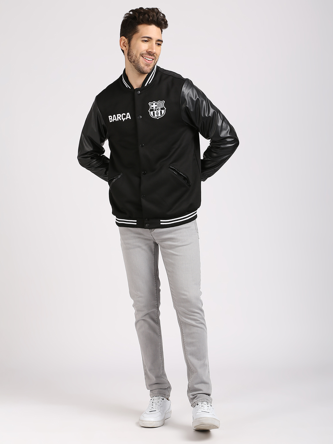 FC Barcelona Men Black Printed Stand-Collar Varsity Jacket (6)