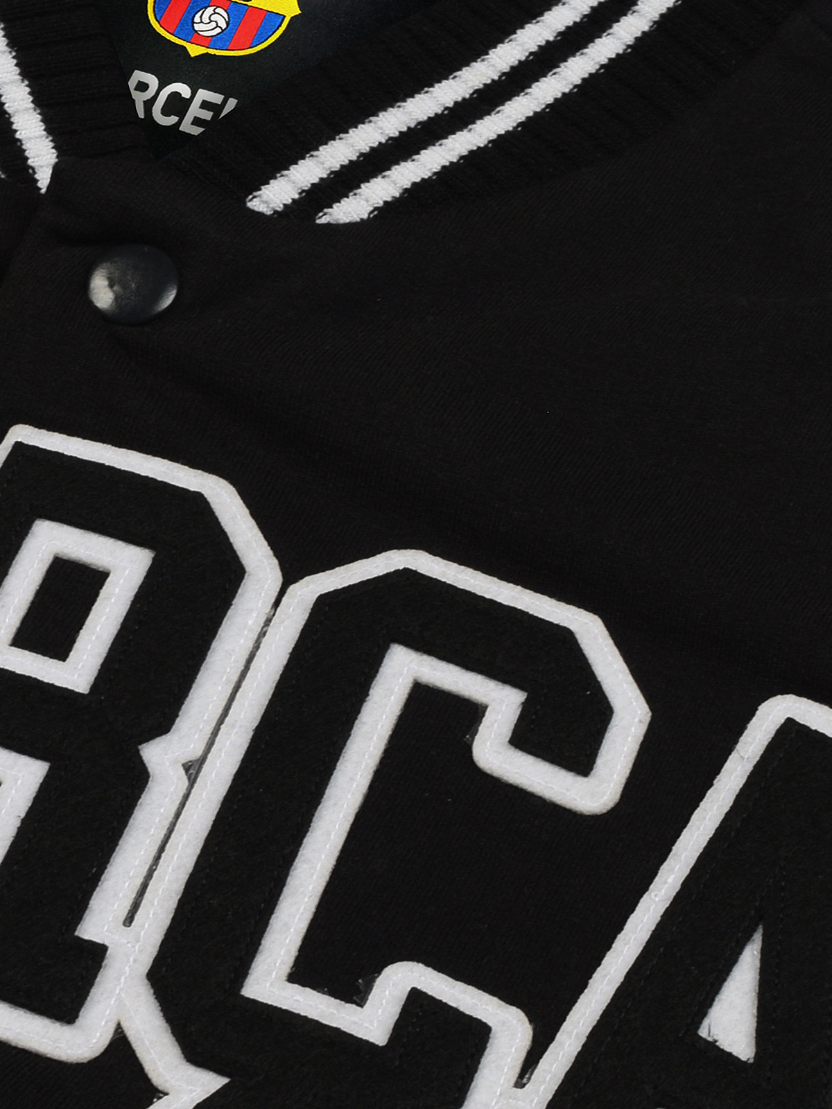 FC Barcelona Men Black Typography Printed Full Sleeves Stand-Collar Polyester Letterman Jacket (8)