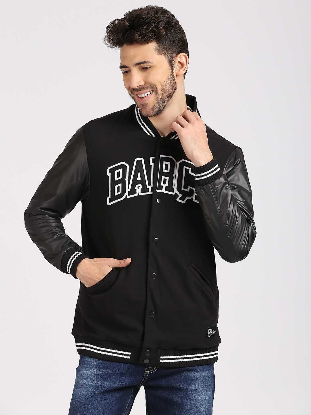 Men Black Typography Printed Full Sleeves Stand-Collar Polyester Letterman Jacket