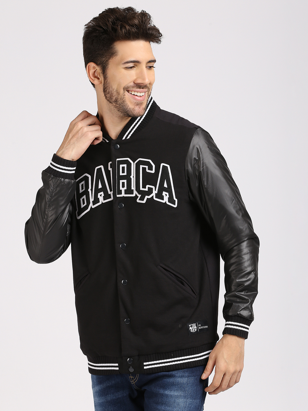 FC Barcelona Men Black Typography Printed Full Sleeves Stand-Collar Polyester Letterman Jacket (2)