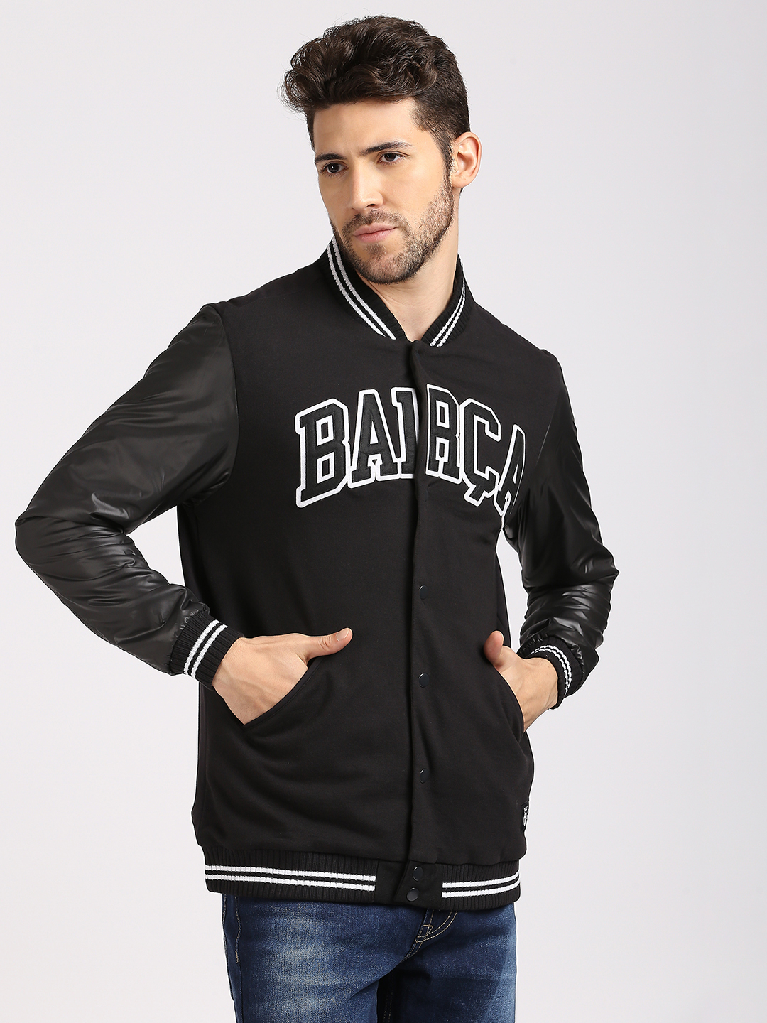 FC Barcelona Men Black Typography Printed Full Sleeves Stand-Collar Polyester Letterman Jacket (3)