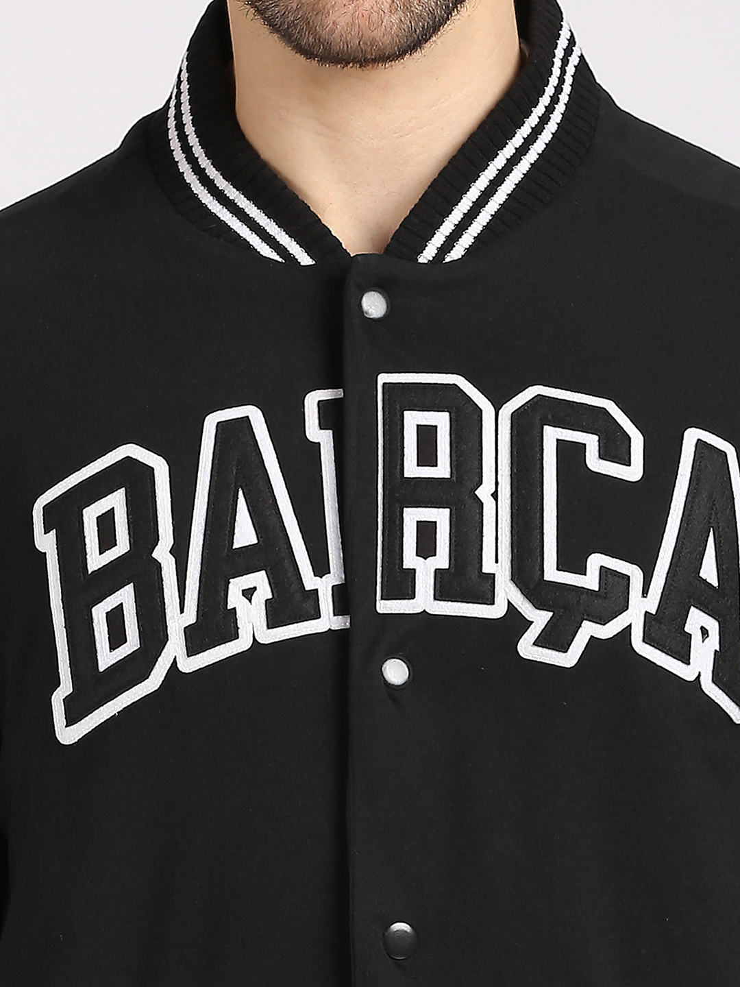FC Barcelona Men Black Typography Printed Full Sleeves Stand-Collar Polyester Letterman Jacket (5)