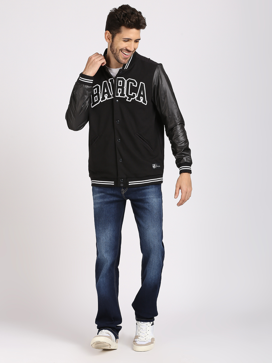FC Barcelona Men Black Typography Printed Full Sleeves Stand-Collar Polyester Letterman Jacket (6)