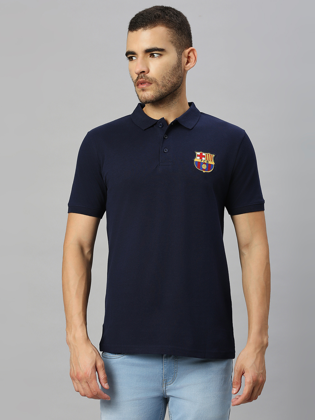 FC Barcelona Men Blue Solid Brand Logo Printed Half Sleeves Polo Collar Cotton T-Shirt (1)