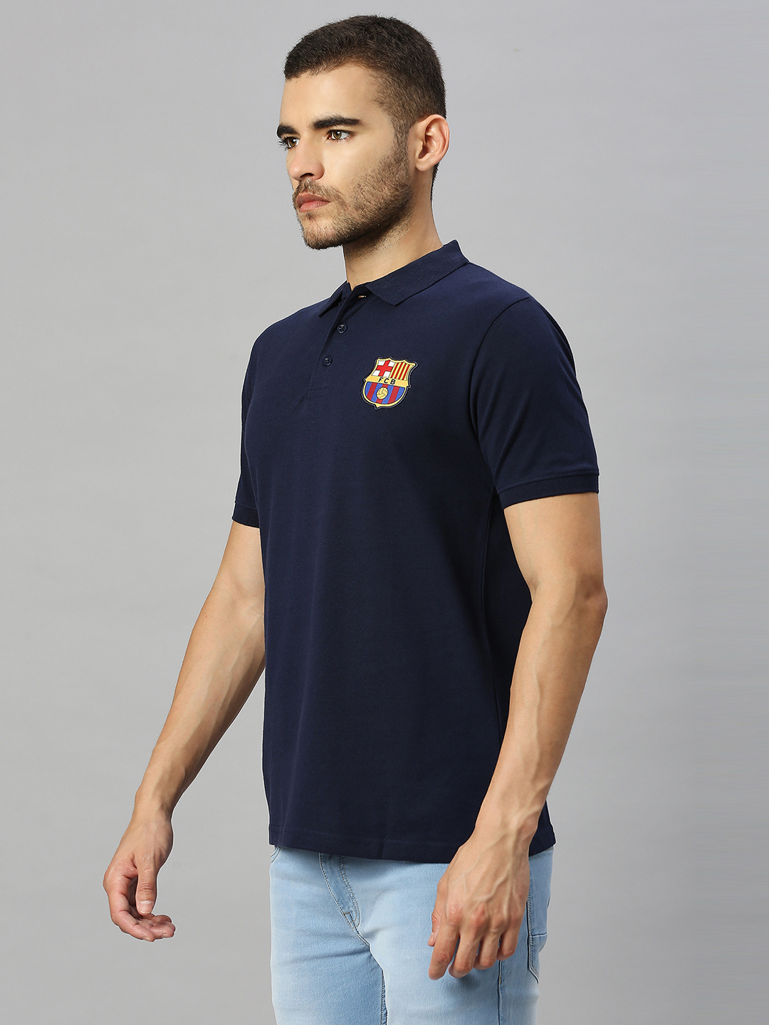 FC Barcelona Men Blue Solid Brand Logo Printed Half Sleeves Polo Collar Cotton T-Shirt (2)