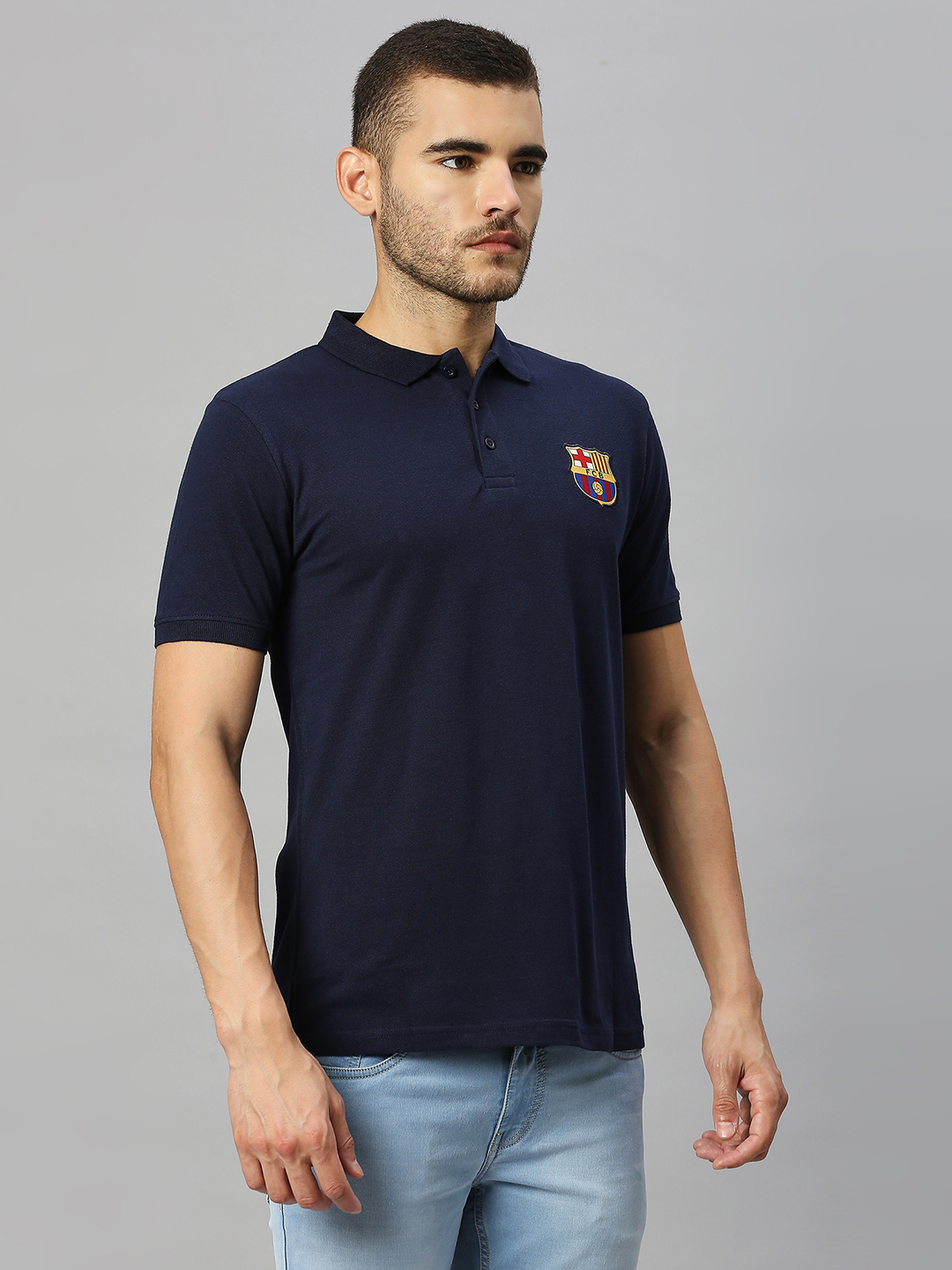 FC Barcelona Men Blue Solid Brand Logo Printed Half Sleeves Polo Collar Cotton T-Shirt (4)