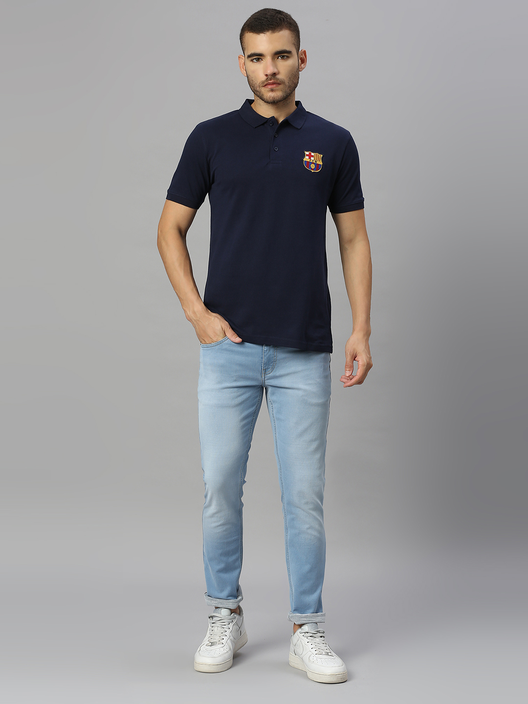 FC Barcelona Men Blue Solid Brand Logo Printed Half Sleeves Polo Collar Cotton T-Shirt (5)