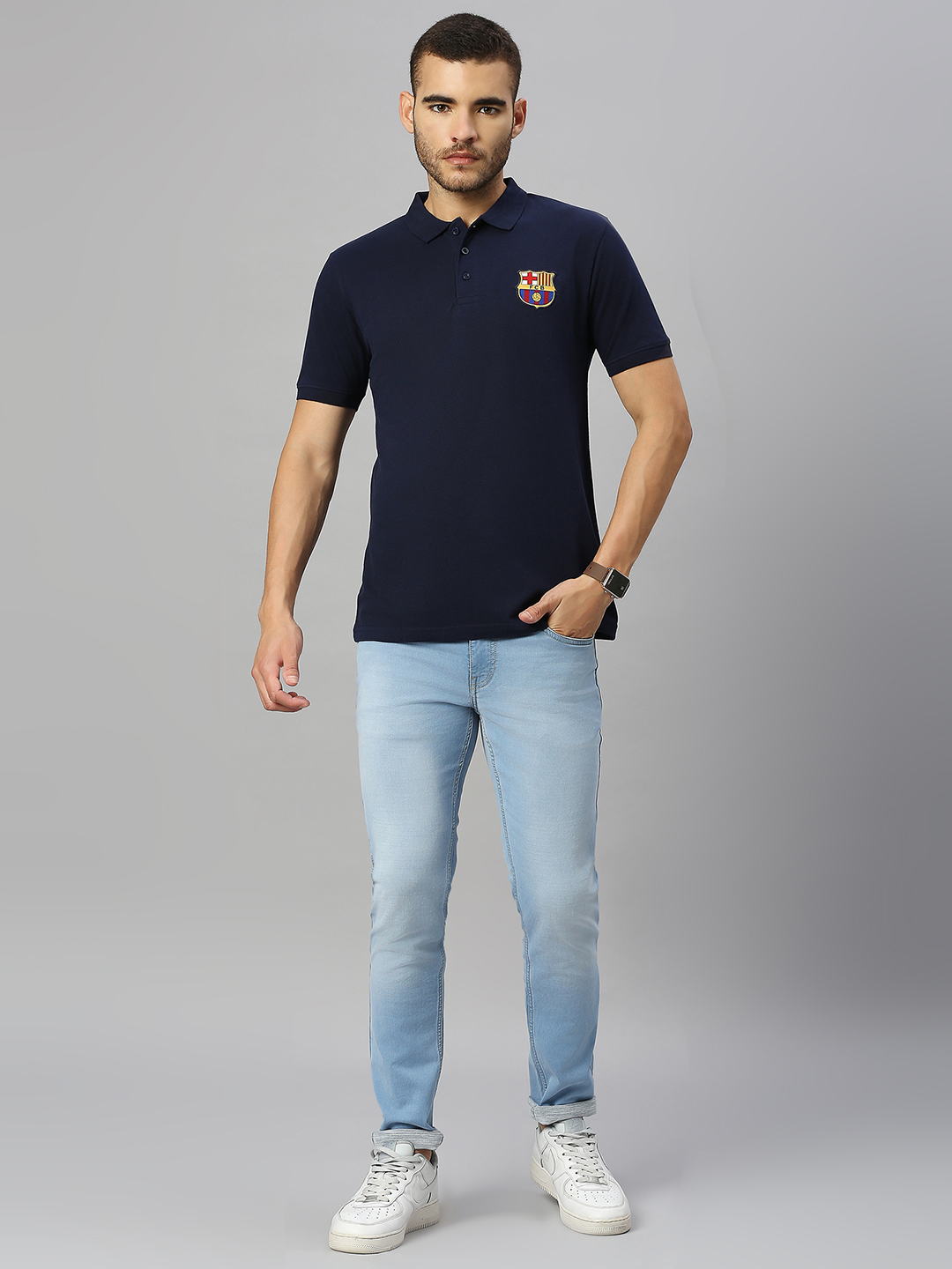 FC Barcelona Men Blue Solid Brand Logo Printed Half Sleeves Polo Collar Cotton T-Shirt (6)