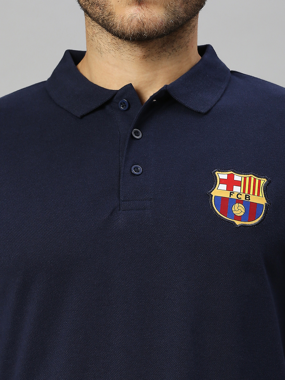 FC Barcelona Men Blue Solid Brand Logo Printed Half Sleeves Polo Collar Cotton T-Shirt (7)