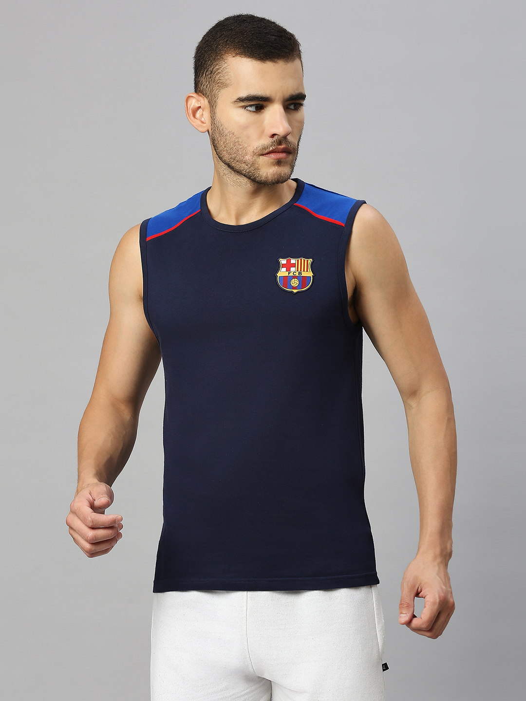 FC Barcelona Men Navy Blue Brand Logo Printed Round Neck Sleeveless Vest (1)