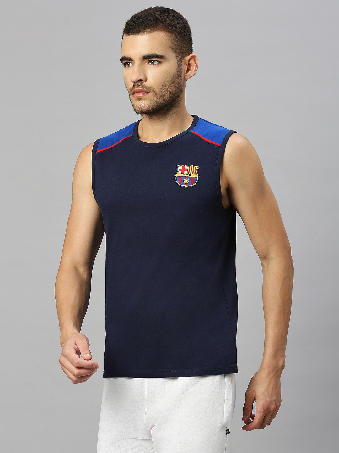 FC Barcelona Men Navy Blue Brand Logo Printed Round Neck Sleeveless Vest (2)