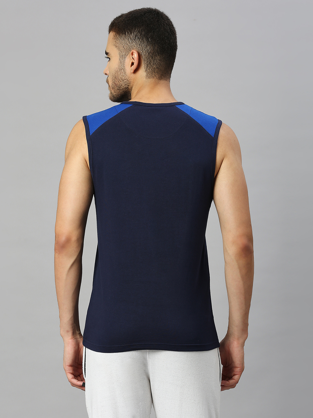 FC Barcelona Men Navy Blue Brand Logo Printed Round Neck Sleeveless Vest (3)