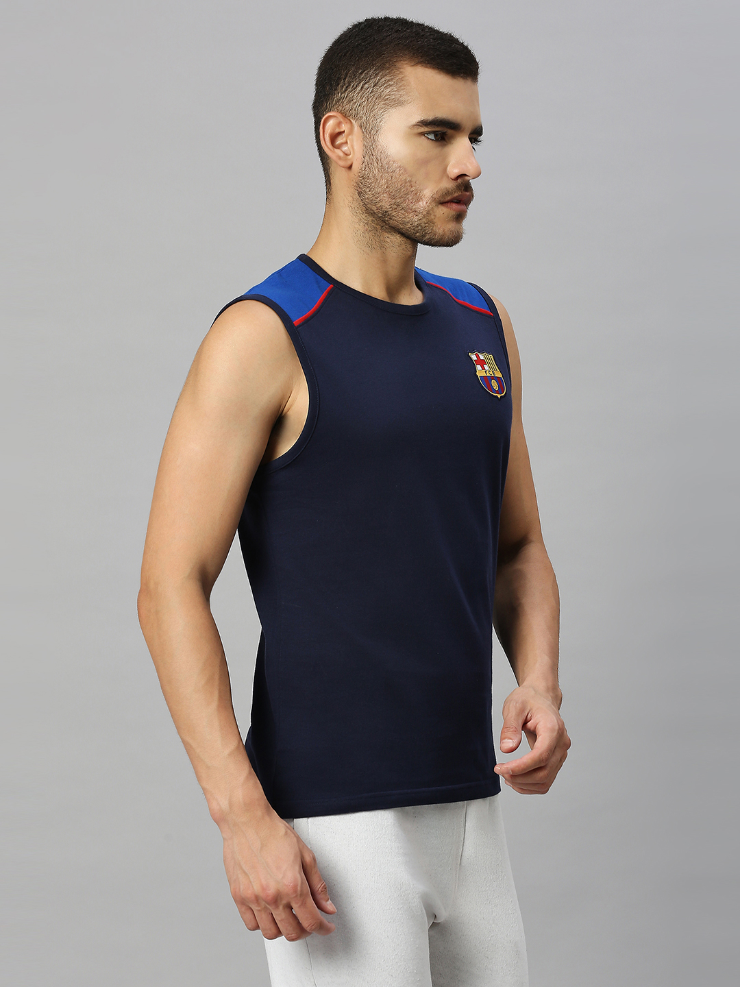 FC Barcelona Men Navy Blue Brand Logo Printed Round Neck Sleeveless Vest (4)