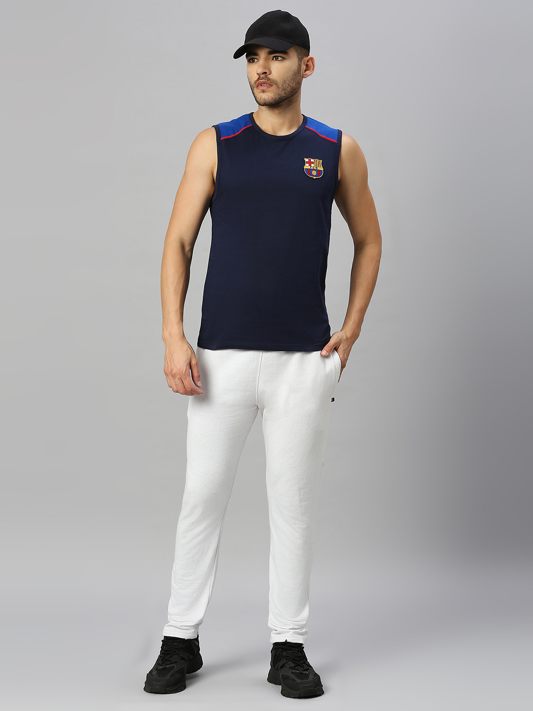 FC Barcelona Men Navy Blue Brand Logo Printed Round Neck Sleeveless Vest (6)