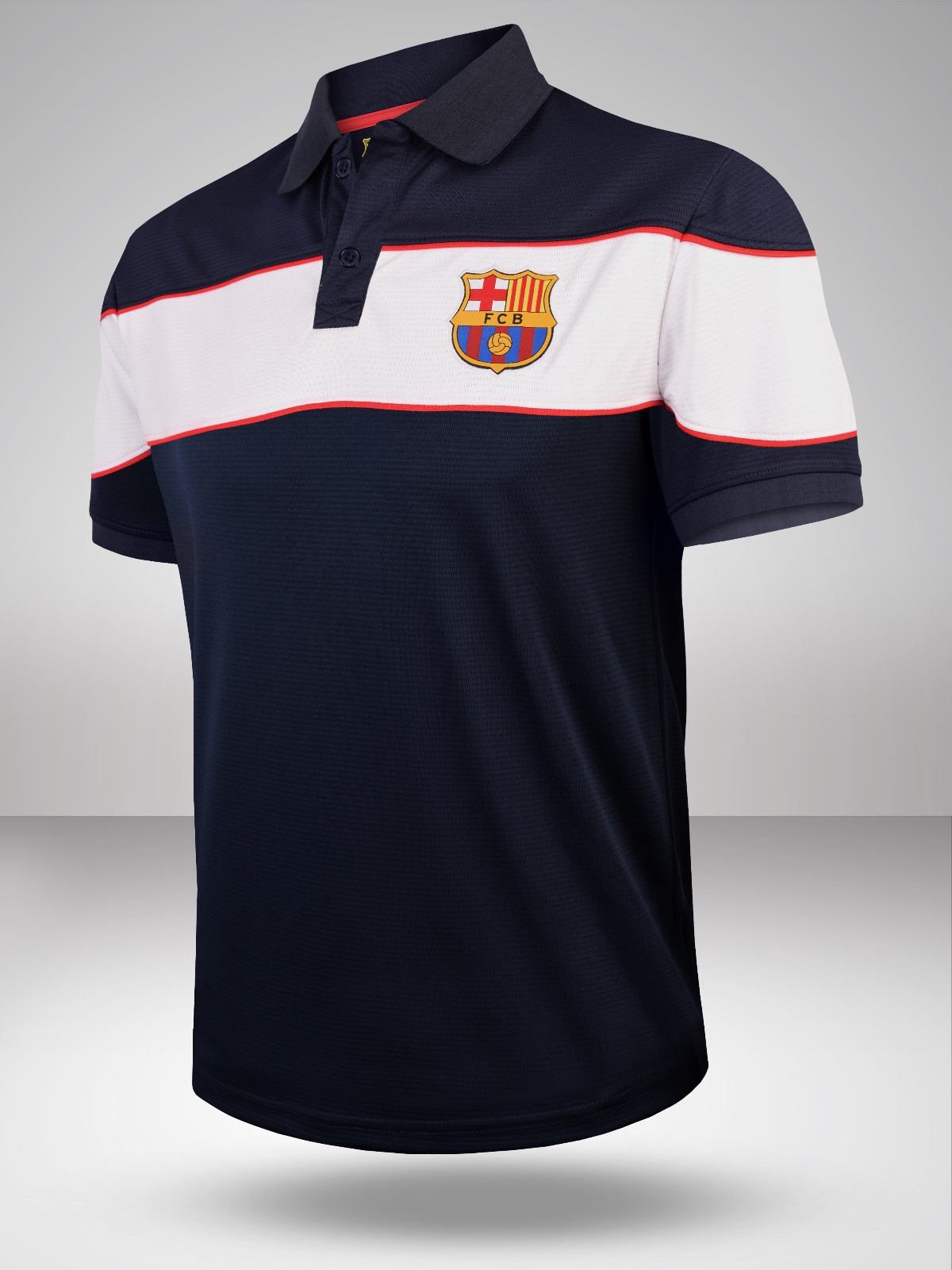 Men Navy Blue Half Sleeves Polo Collar Cut and Sew Crest T-Shirts