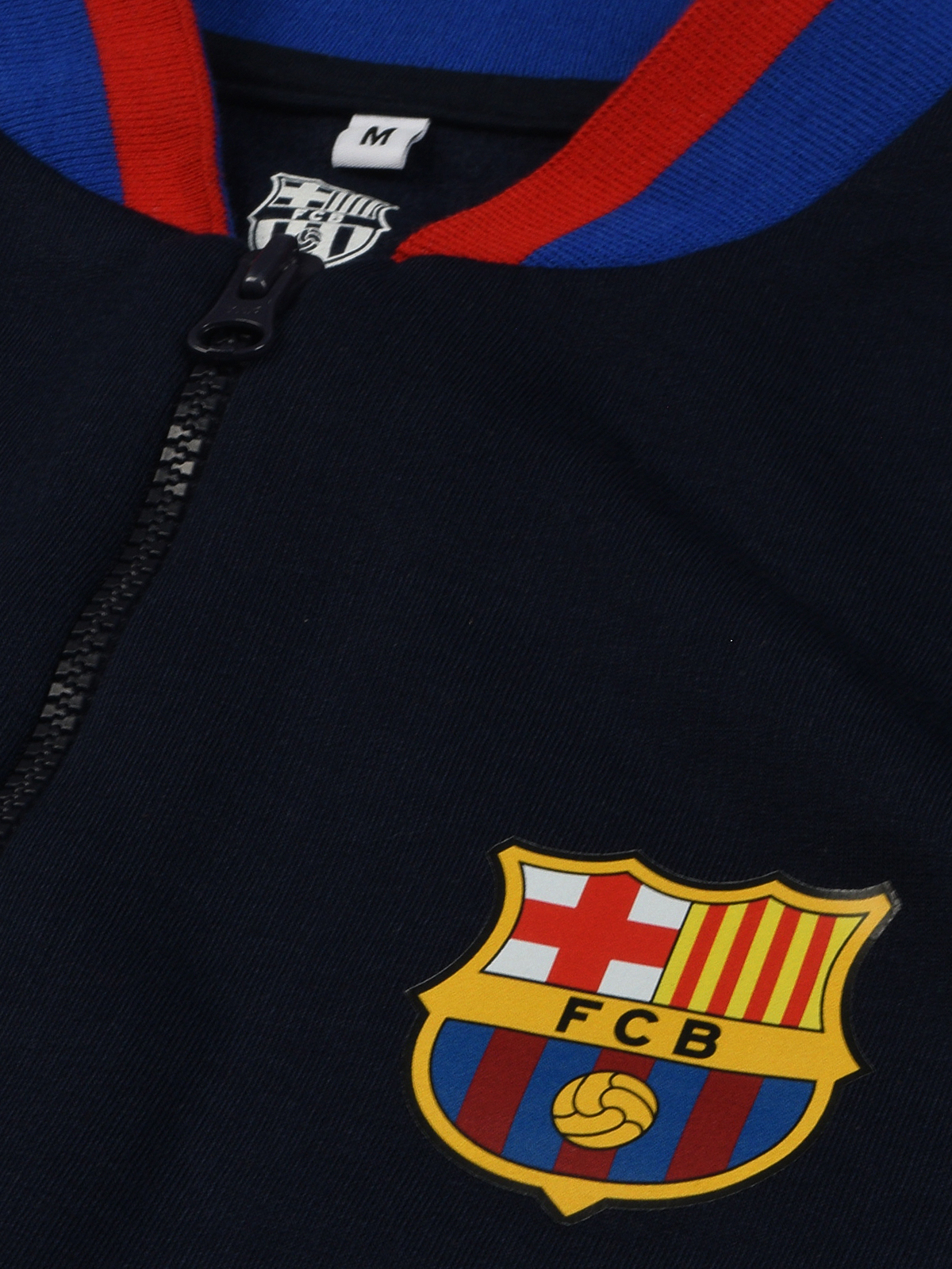 FC Barcelona Men Navy Blue Printed Full Sleeves Stand-Collar Outdoor Polyester Bomber Jacket (9)
