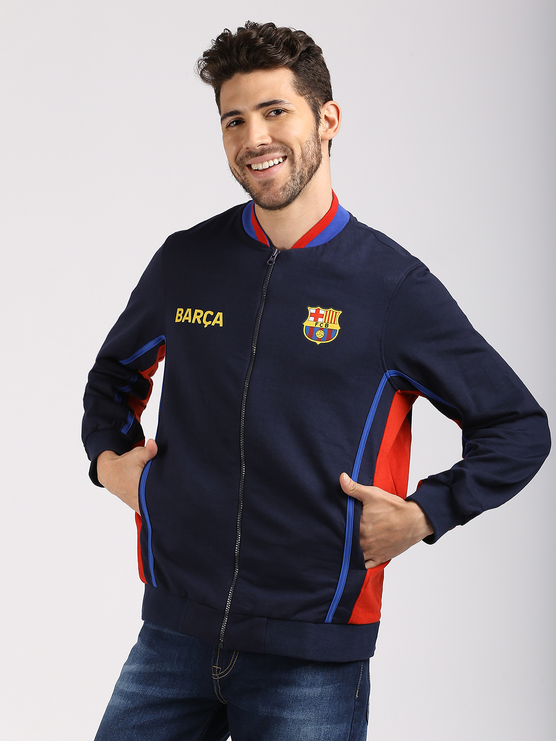 FC Barcelona Men Navy Blue Printed Full Sleeves Stand-Collar Outdoor Polyester Bomber Jacket (2)