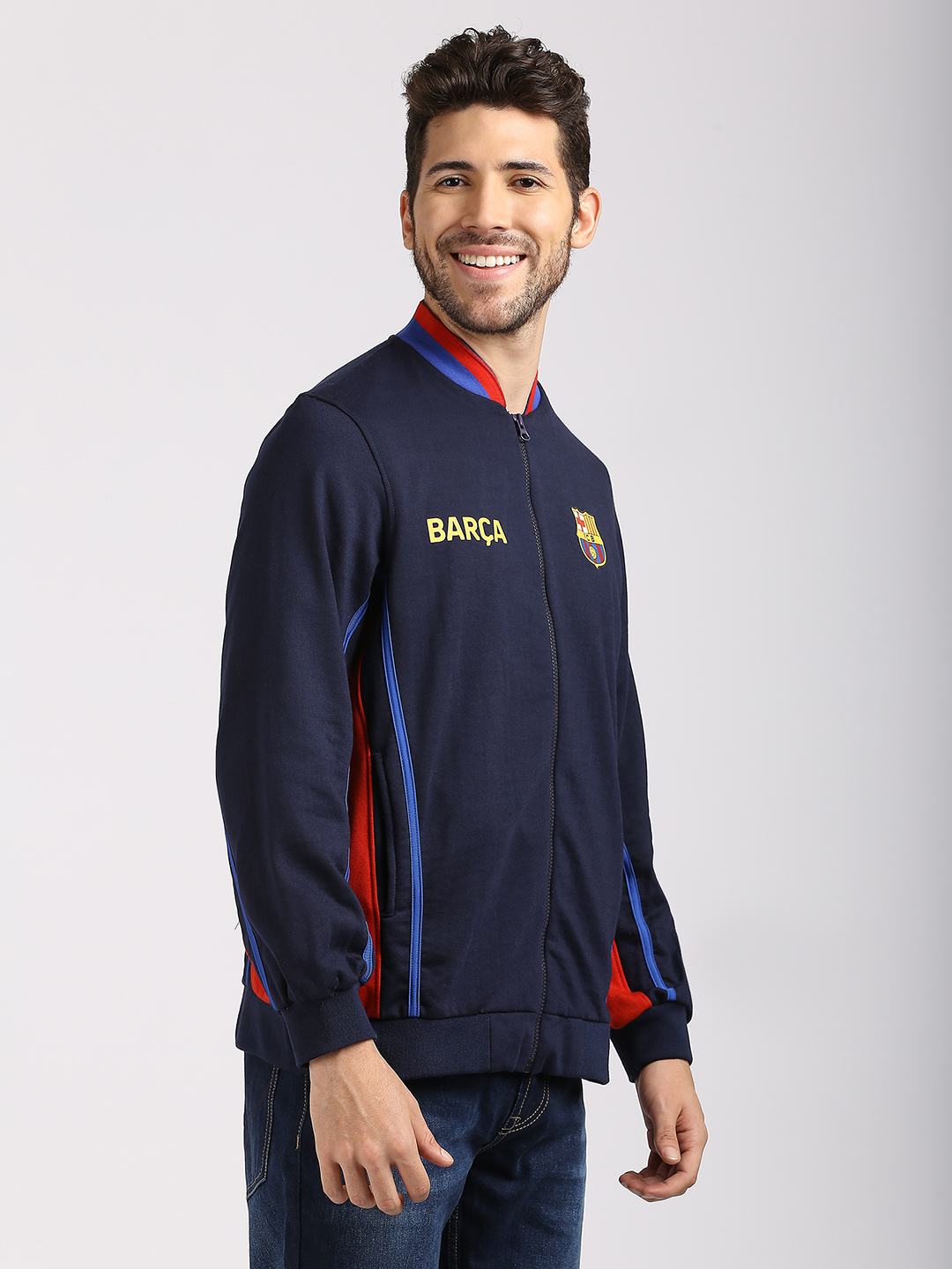 FC Barcelona Men Navy Blue Printed Full Sleeves Stand-Collar Outdoor Polyester Bomber Jacket (3)