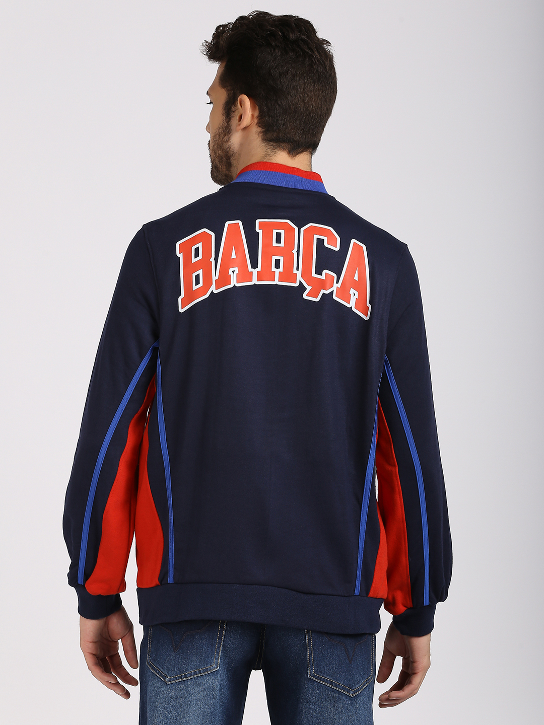 FC Barcelona Men Navy Blue Printed Full Sleeves Stand-Collar Outdoor Polyester Bomber Jacket (4)