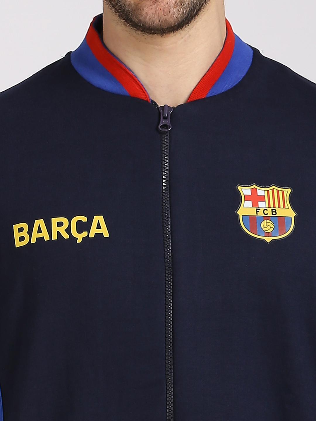 FC Barcelona Men Navy Blue Printed Full Sleeves Stand-Collar Outdoor Polyester Bomber Jacket (5)