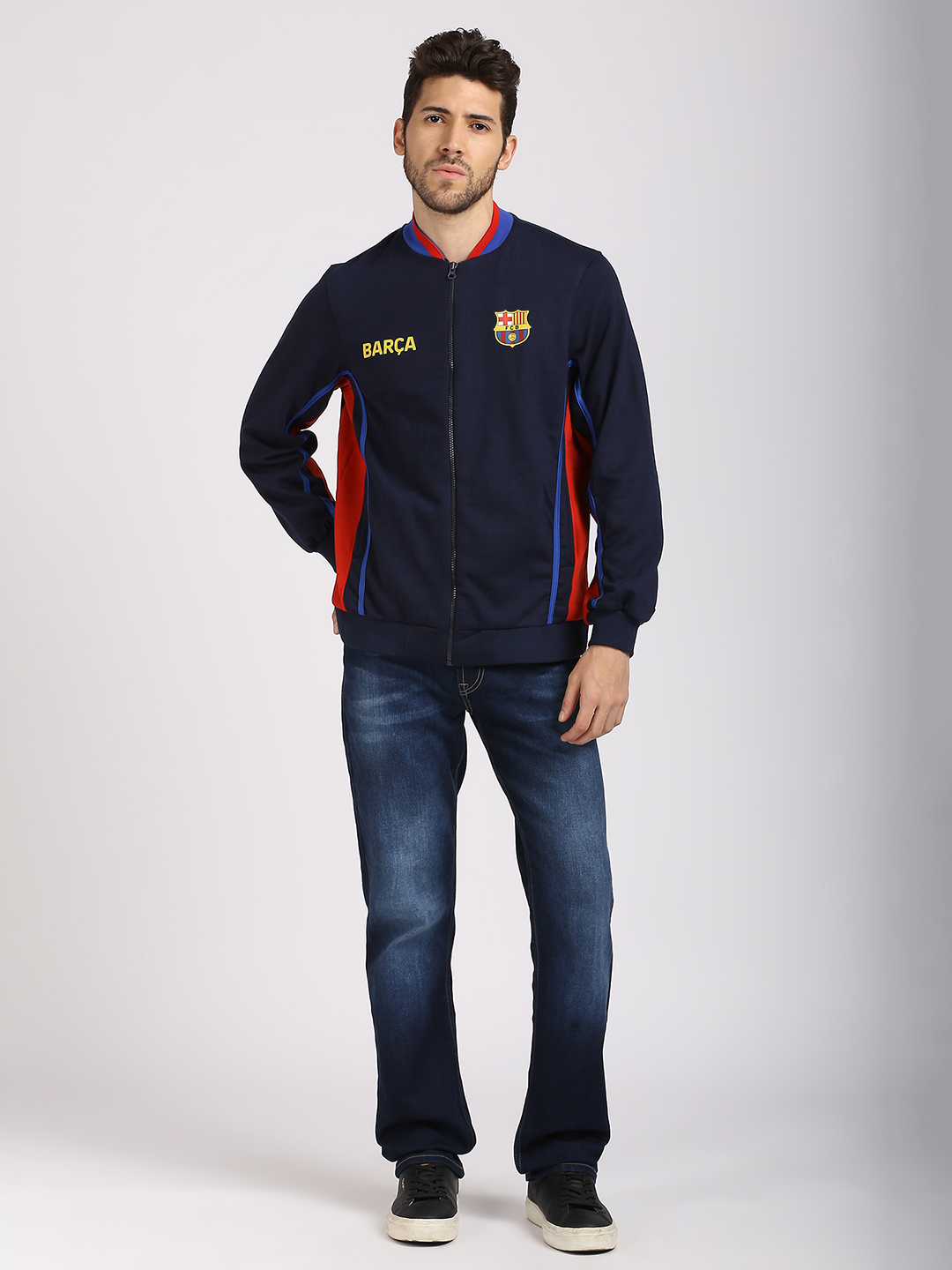 FC Barcelona Men Navy Blue Printed Full Sleeves Stand-Collar Outdoor Polyester Bomber Jacket (6)