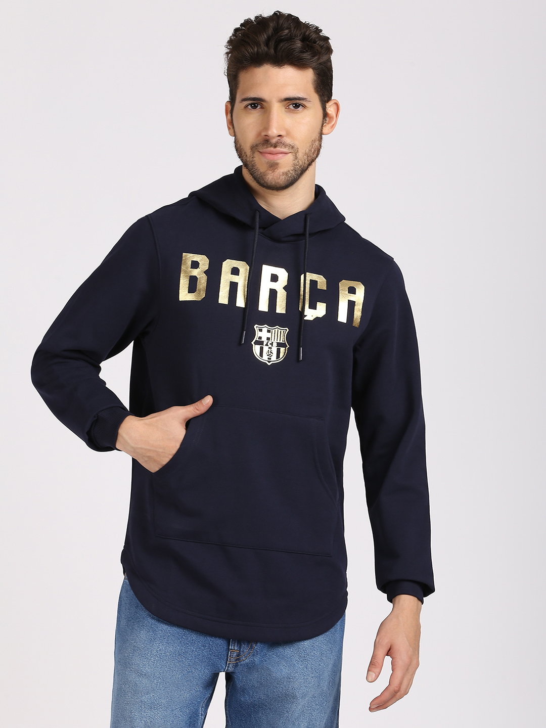FC Barcelona Men Navy Blue Printed Gold Foil Hoodie