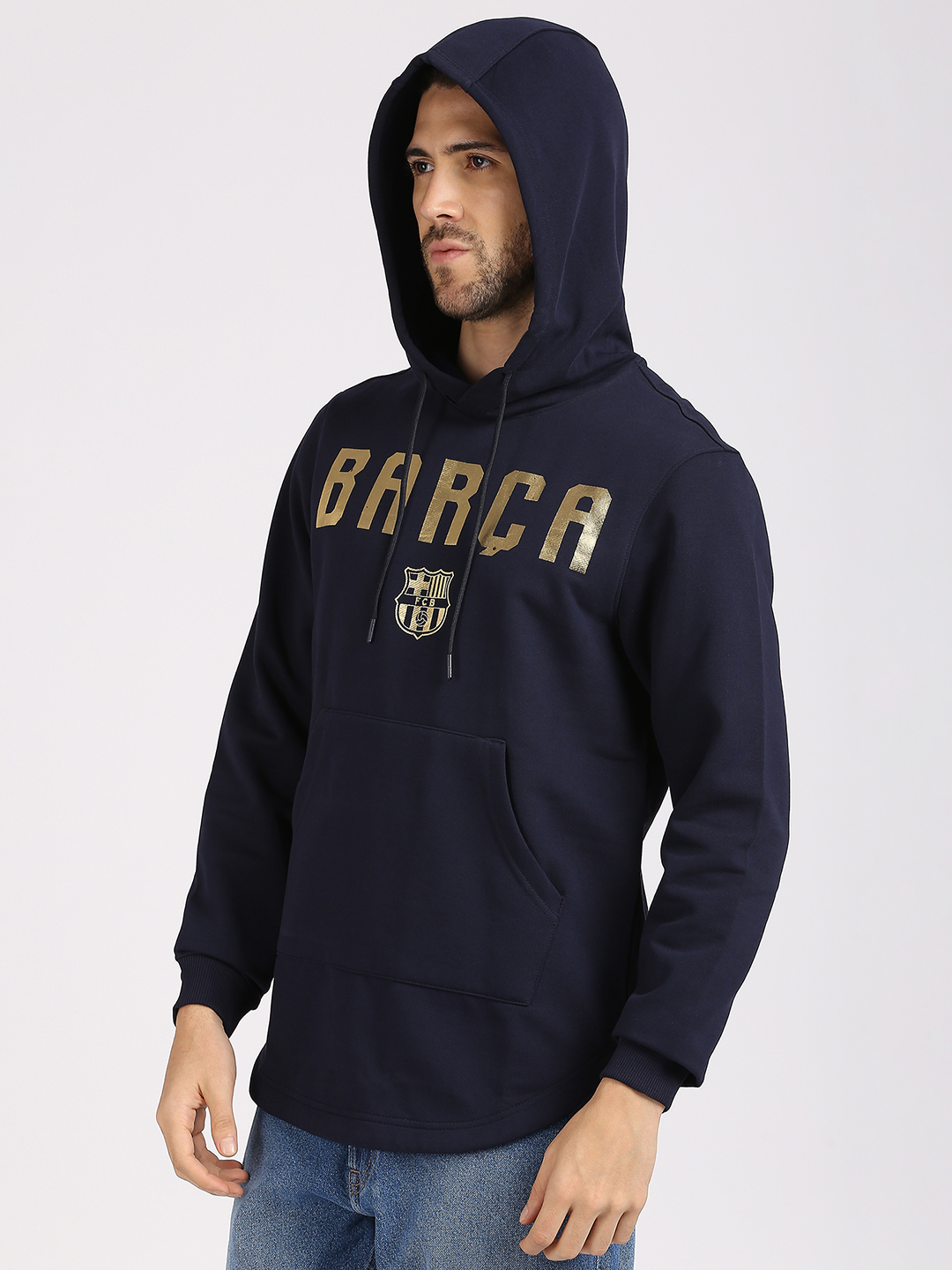 FC Barcelona Men Navy Blue Printed Gold Foil Hoodie (2)