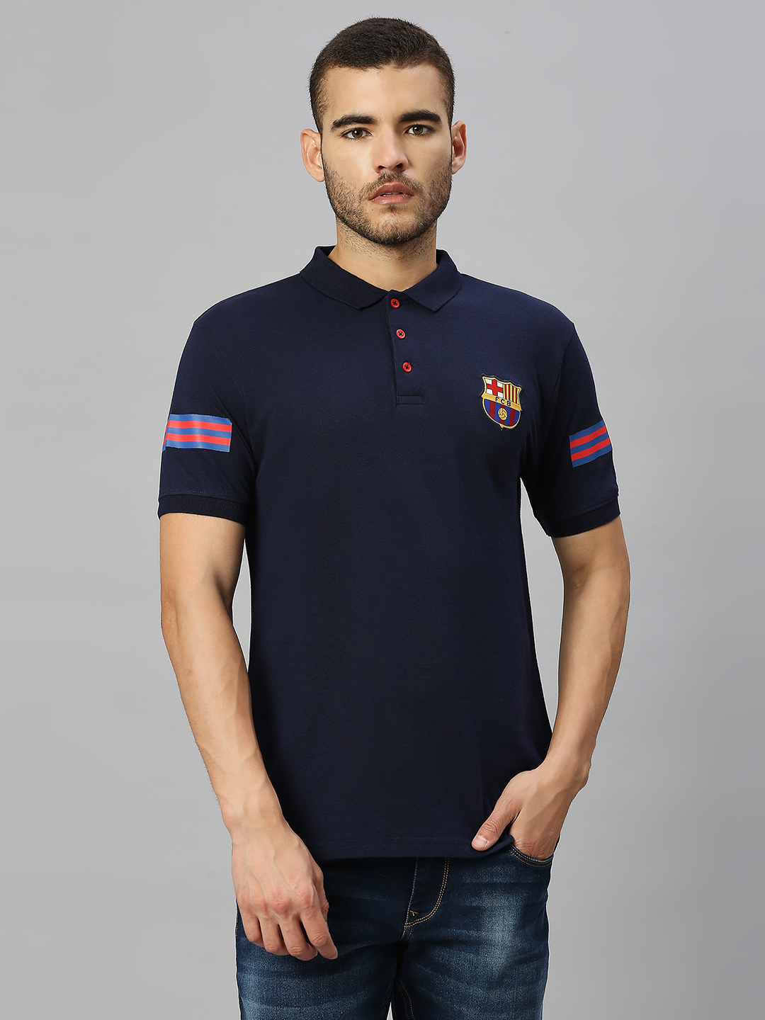 FC Barcelona Men Navy Blue Solid Brand Logo Printed Half Sleeves Polo Collar Cotton T-Shirt (1)