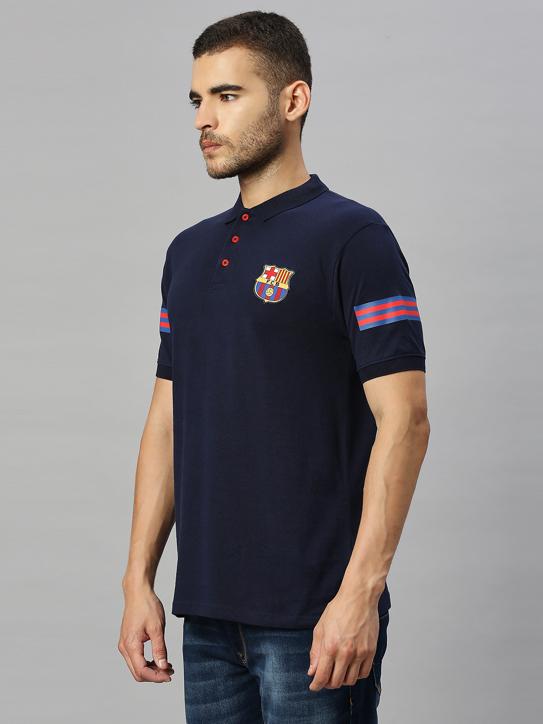 FC Barcelona Men Navy Blue Solid Brand Logo Printed Half Sleeves Polo Collar Cotton T-Shirt (2)