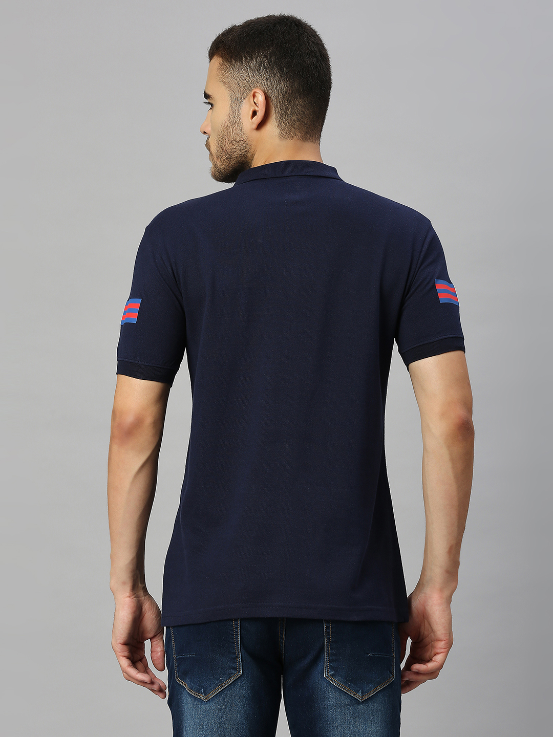 FC Barcelona Men Navy Blue Solid Brand Logo Printed Half Sleeves Polo Collar Cotton T-Shirt (3)
