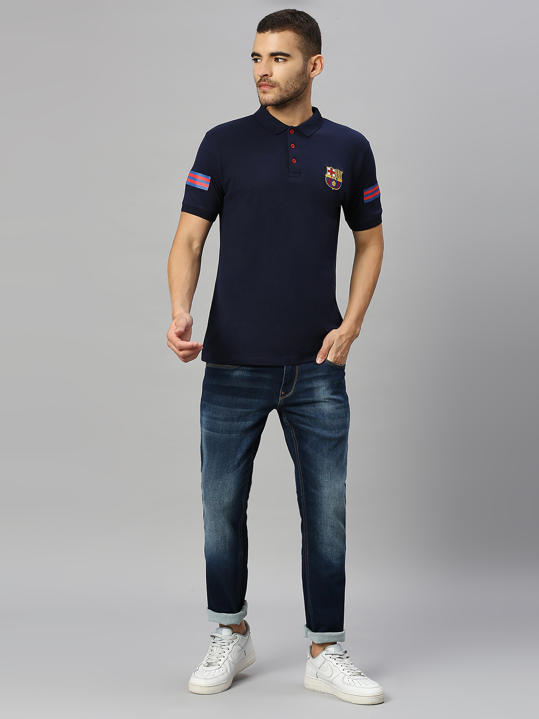 FC Barcelona Men Navy Blue Solid Brand Logo Printed Half Sleeves Polo Collar Cotton T-Shirt (5)