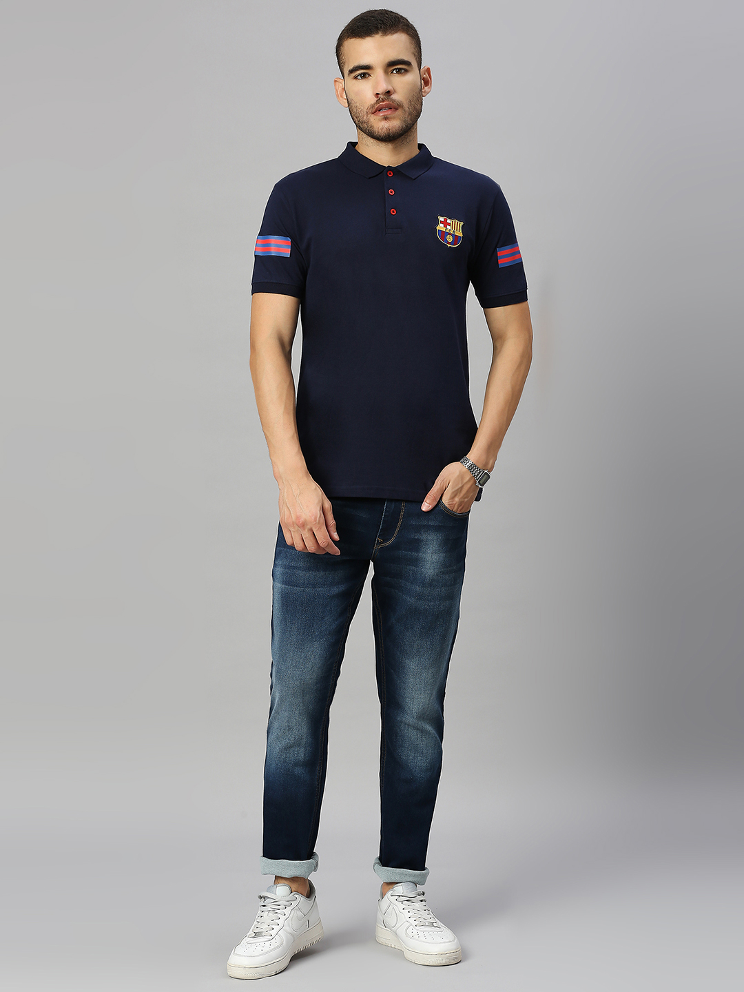 FC Barcelona Men Navy Blue Solid Brand Logo Printed Half Sleeves Polo Collar Cotton T-Shirt (6)