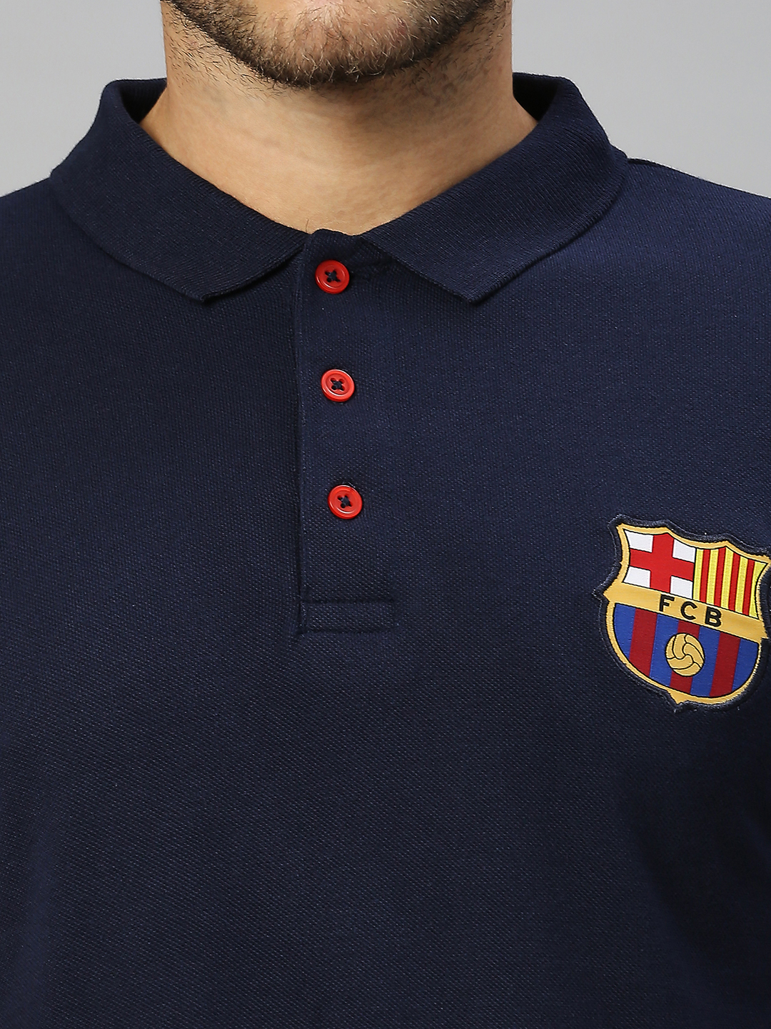 FC Barcelona Men Navy Blue Solid Brand Logo Printed Half Sleeves Polo Collar Cotton T-Shirt (7)